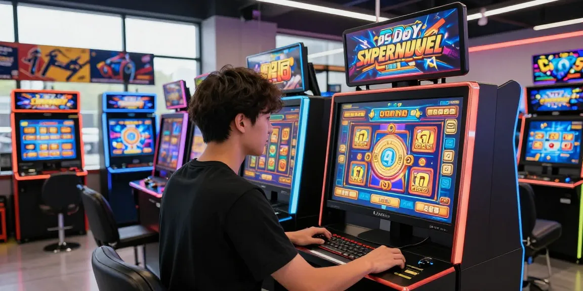 Engaged shopper exploring slot gaming machines in a vibrant retail space.