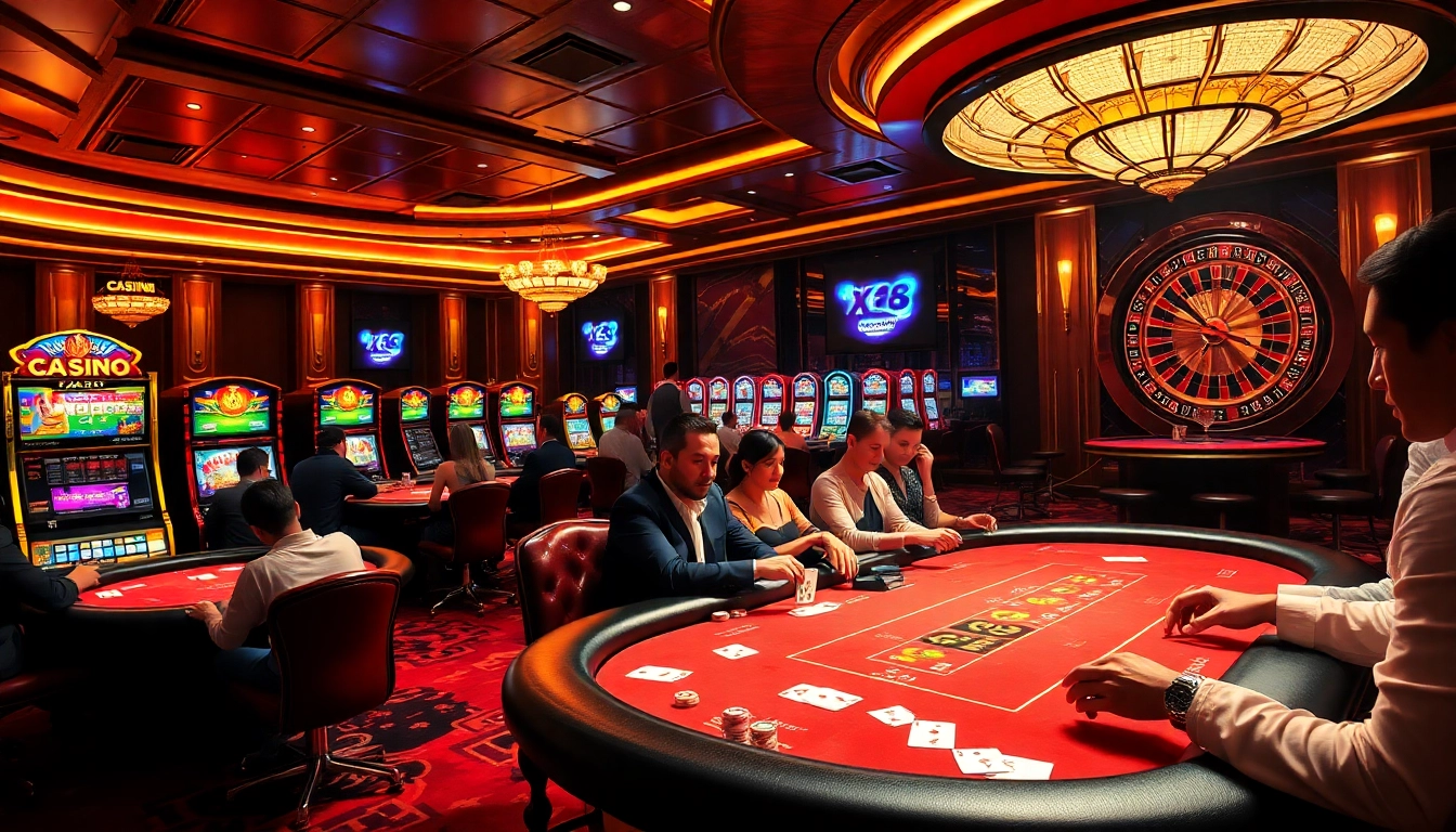 Engage in exciting gameplay at trang chủ xx88 with vibrant casino interiors, poker tables, and thrilling slot machines.