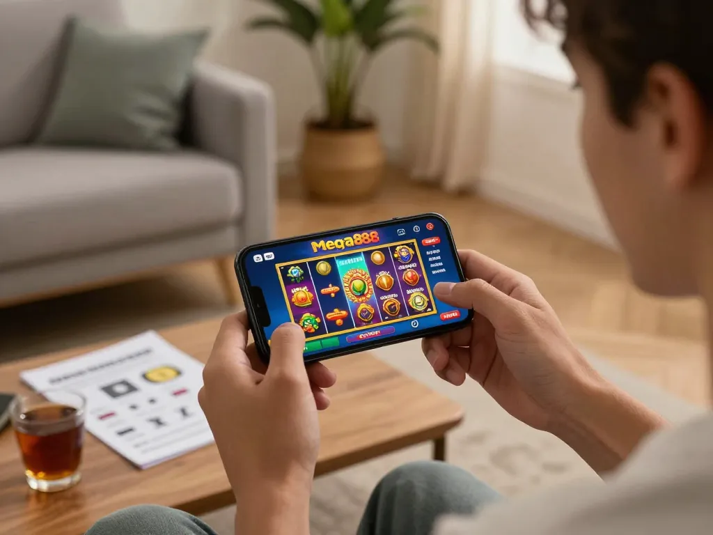 Mega888 Online mobile player immersed in gaming while listening for better strategies