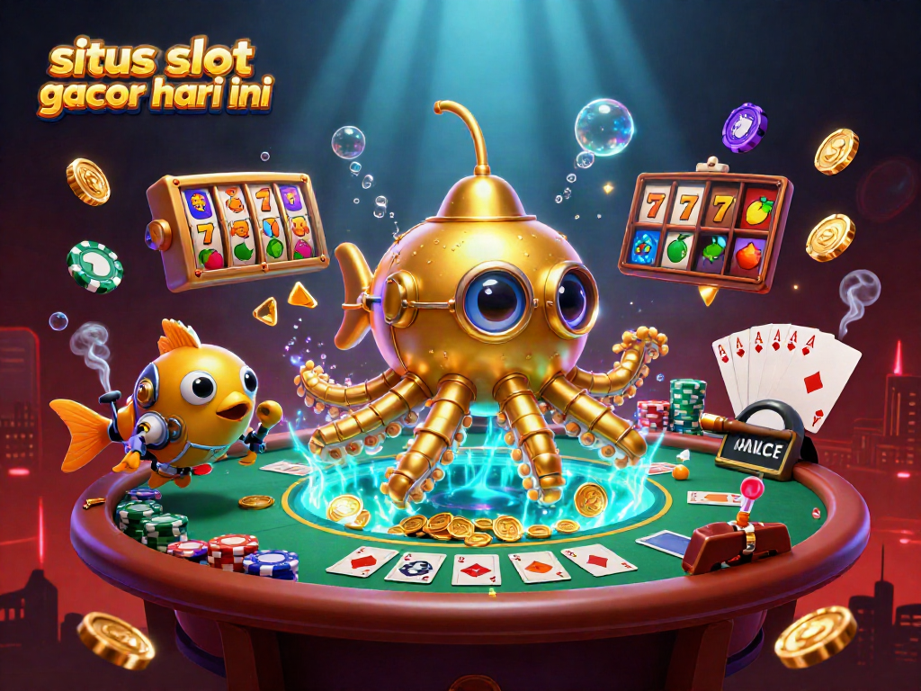 Permainan situs slot gacor hari ini dengan karakter 3D kraken emas di latar belakang koin emas.