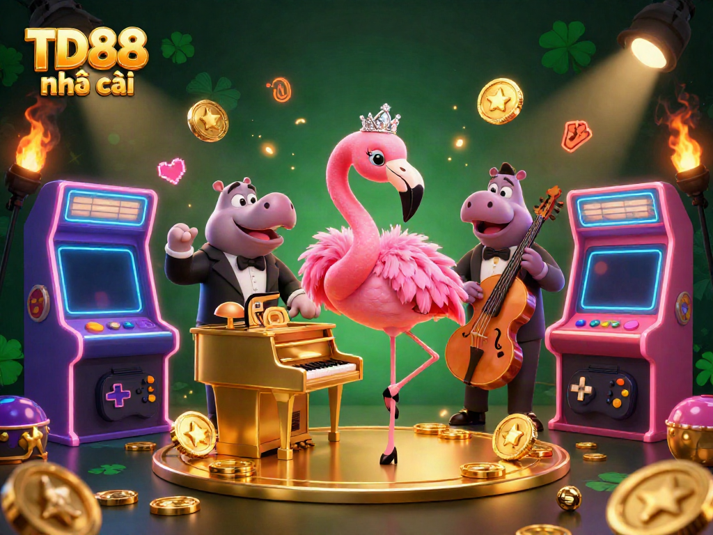 Experience the thrill of TD88 nhà cái in a vibrant 3D casino scene with lively characters and exciting gaming elements.
