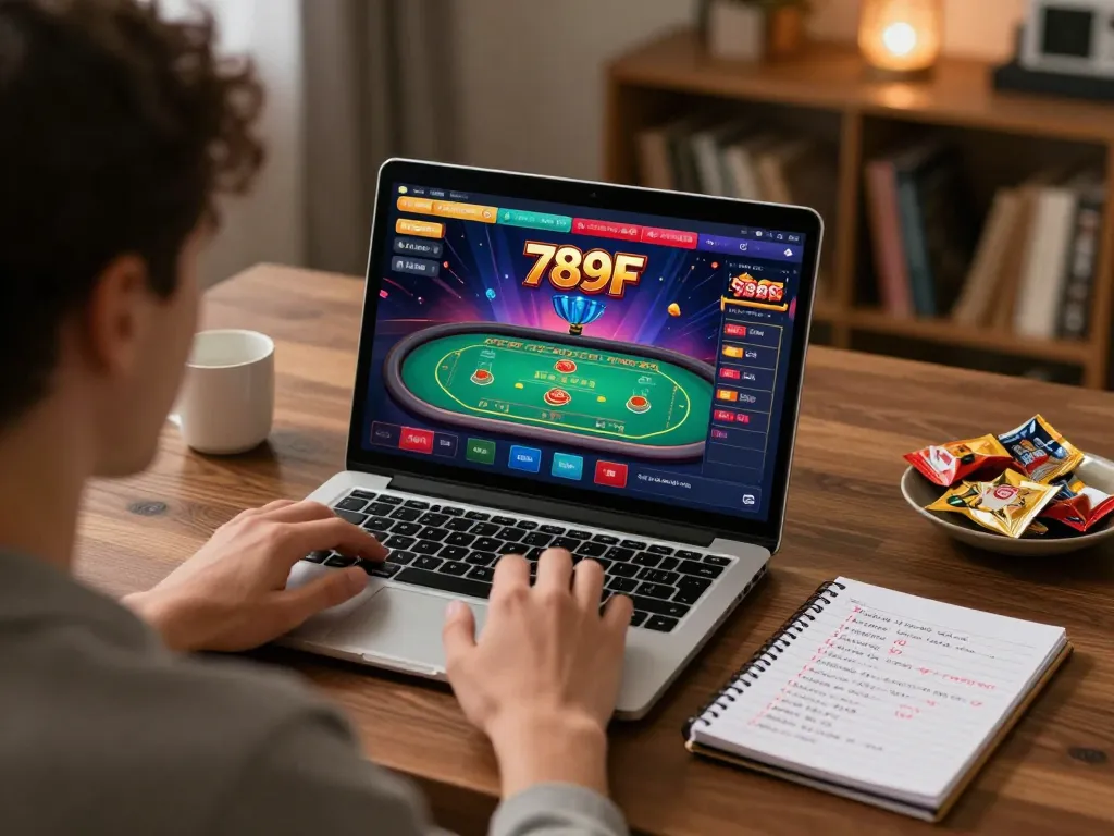 Engaged player using 789F online casino interface on laptop, surrounded by strategic betting notes and a warm home setting.