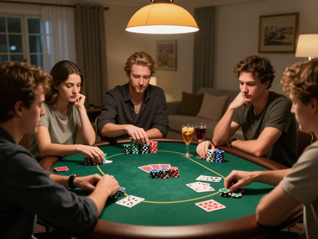 Gsc108 Daftar malam poker bersama teman, chip berwarna-warni di meja selama permainan yang menarik.