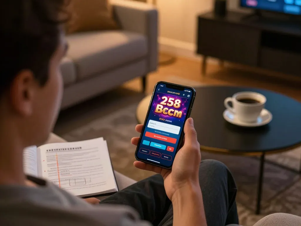 Engaging with 258bet com login on a smartphone in a cozy living room setting.