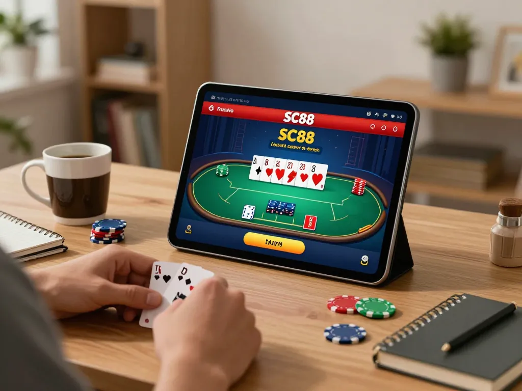 Player interacting with SC88 casino app on tablet during an online poker game.