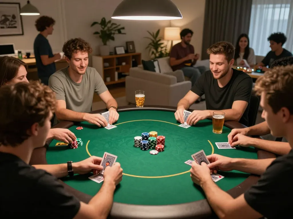Naga303 poker game scene with friends showing strategic gameplay at home, vibrant chips and cards visible, welcoming atmosphere.