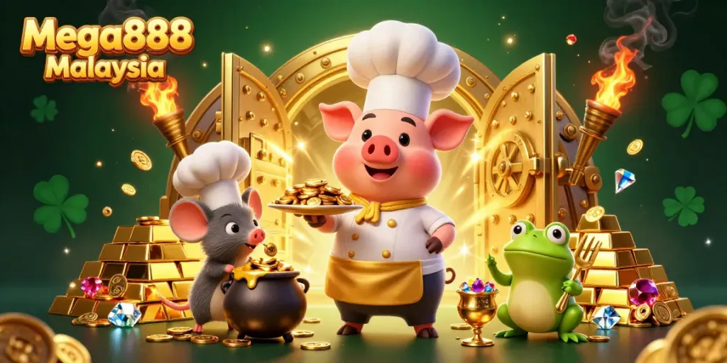 Win big with Mega888 Malaysia's thrilling casino games featuring gold coins and treasures.