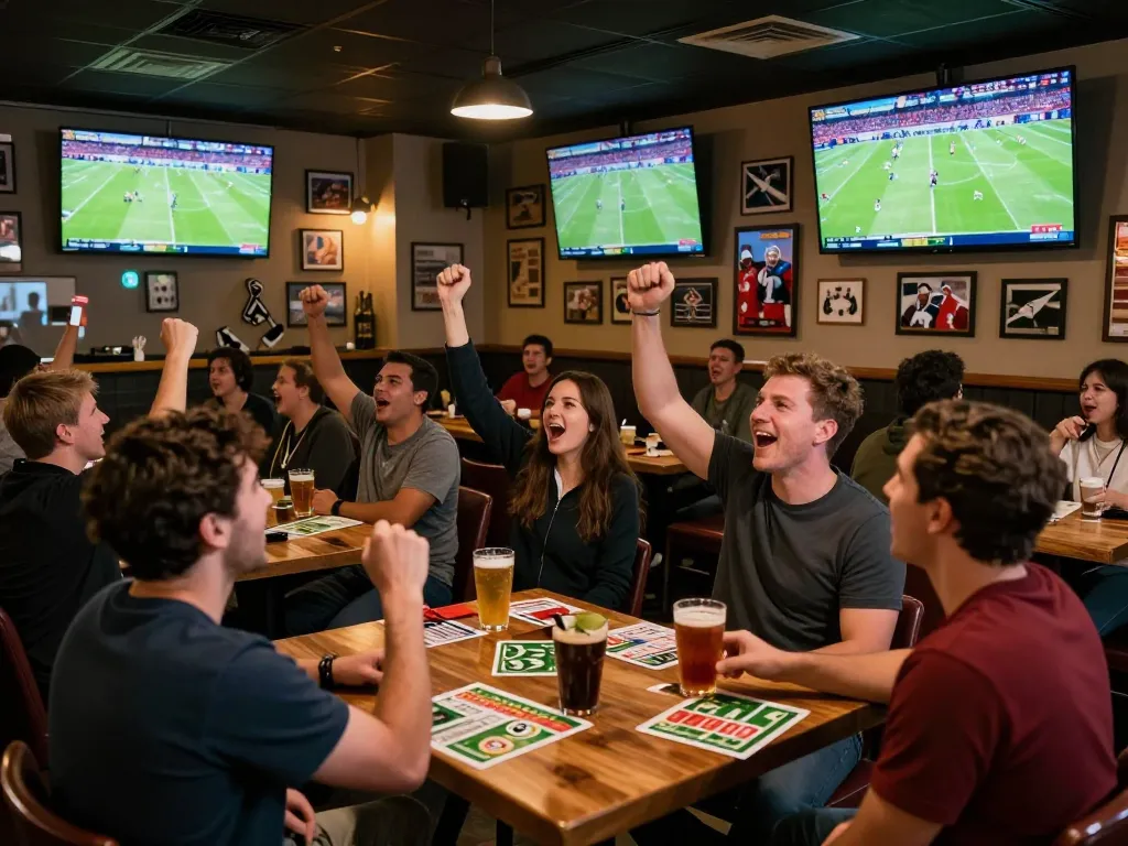 Watch Trực Tiếp Bóng Đá at a lively sports bar with fans cheering and betting slips on tables.