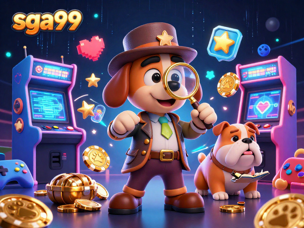 sga99 promotes strategic gaming with a detective and bulldog uncovering treasures among neon arcade games.
