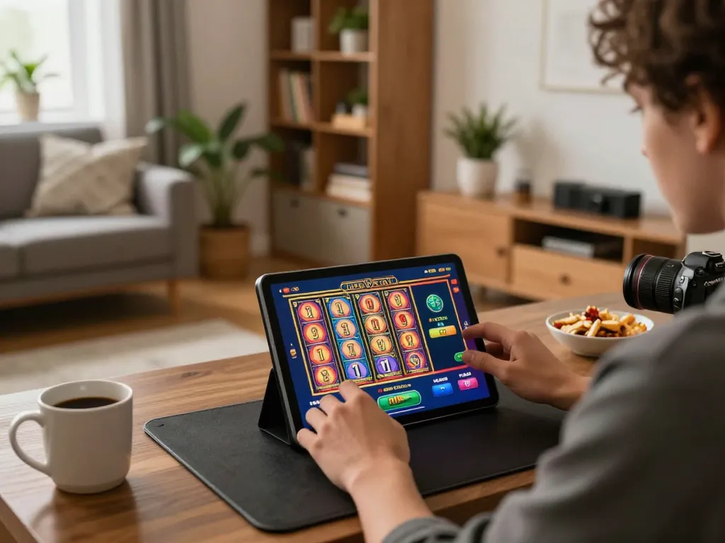 Engaged player using tablet for online uk88s slot gaming experience in a cozy living room