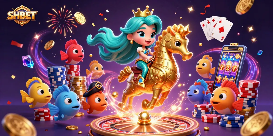 Experience SHBET's vibrant casino adventure featuring a mermaid and giant seahorse in this captivating digital illustration.