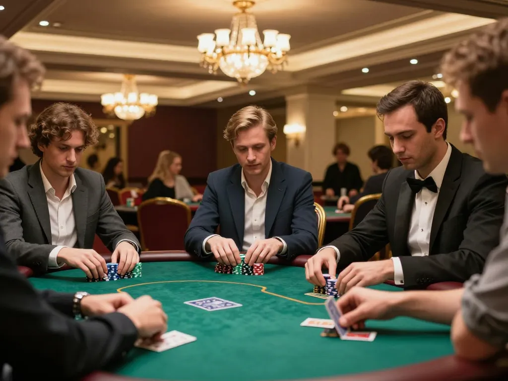 FB88 players engaged in a thrilling poker game, showcasing strategic moves and high stakes excitement