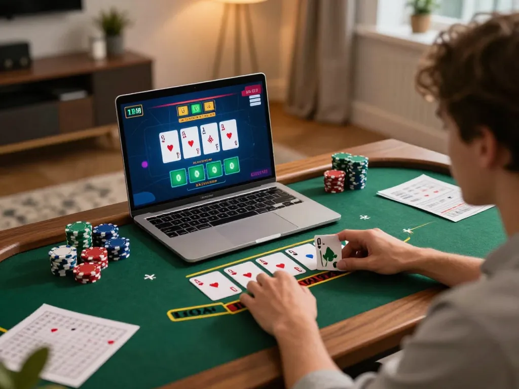 Player enjoying FAFA 828 online blackjack, focusing on strategy with chips visible.