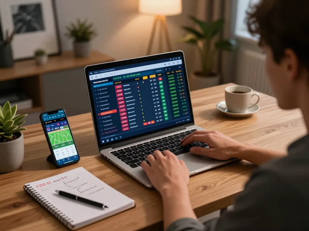 Person engaging in sports betting using fabet on laptop with strategic notes visible.