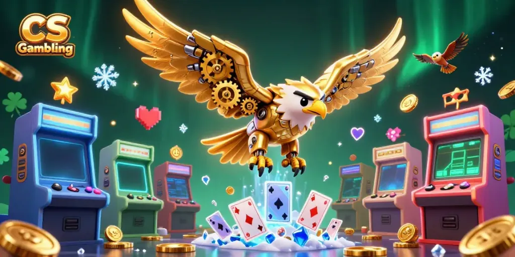 Engage in CS Gambling with a cybernetic eagle battling through holographic cards amidst vibrant arcade gaming elements.