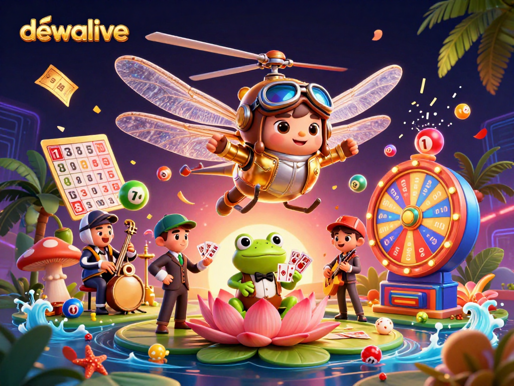 Jelajahi nuansa kasino dewalive dengan dealer katak yang menawan menangani kartu sambil dikelilingi bola lotere berwarna.