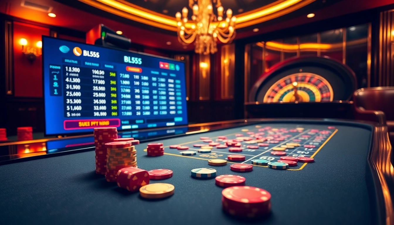 Experience excitement with BL555's vibrant casino scene featuring poker chips and a roulette wheel.