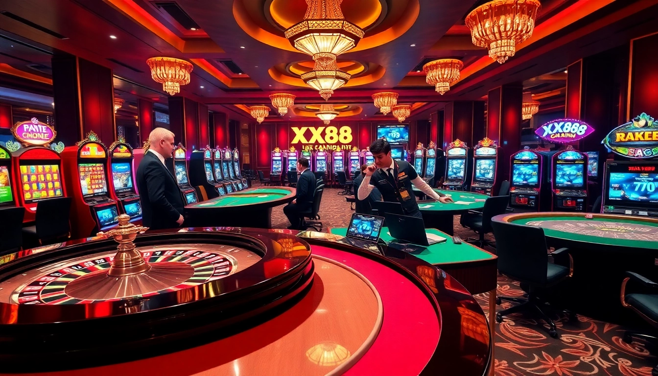 Experience the thrill of winning at XX88 with an elegant casino scene showcasing poker, roulette, and online gaming.