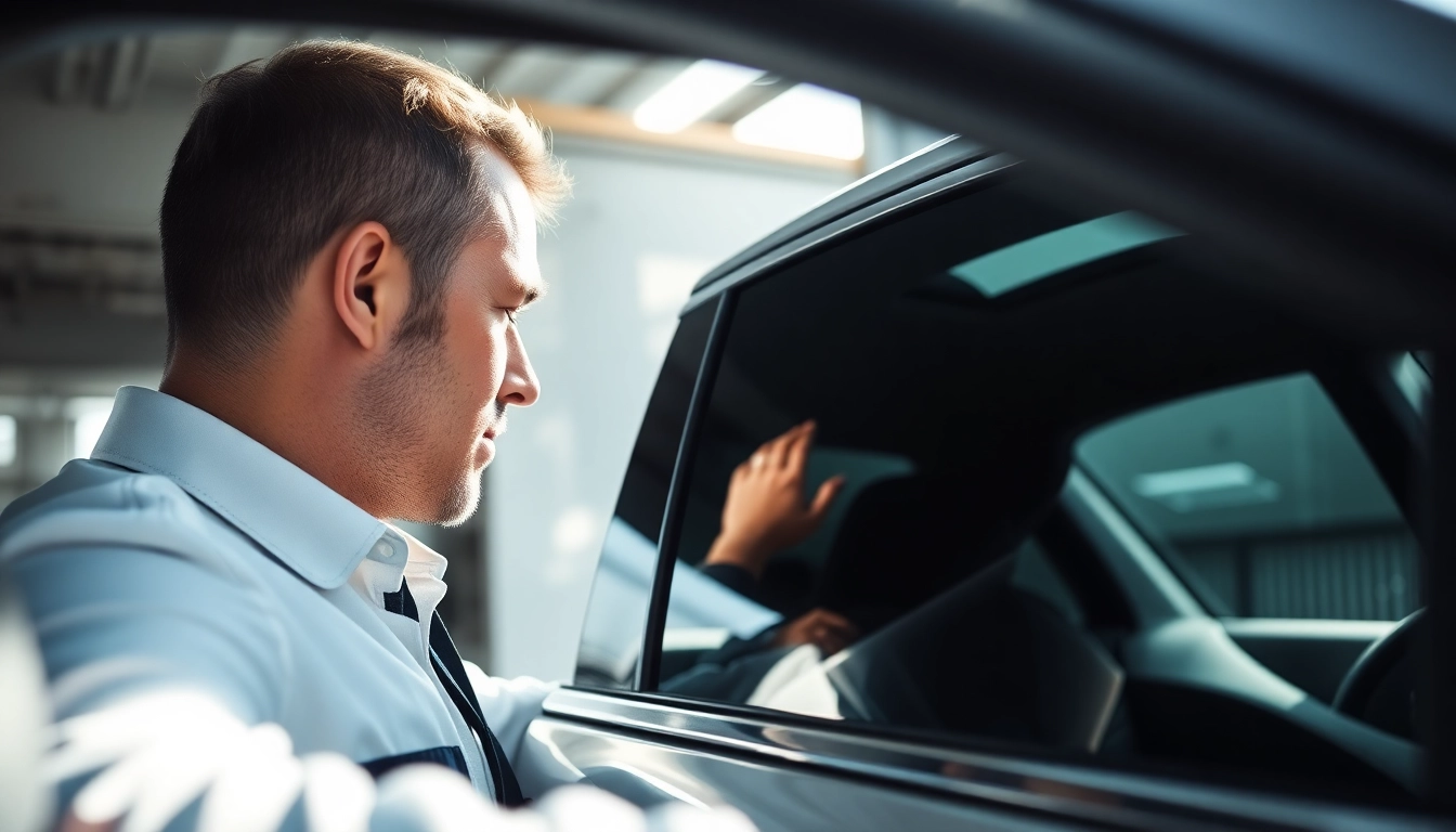 Enhancing window tint Chattanooga service with expert technician applying tint to a sleek car's window.