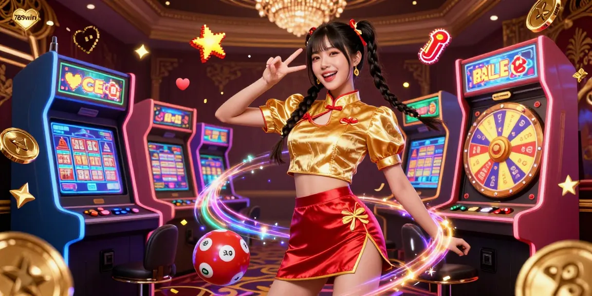 Engage with 789win's thrilling games in this vibrant casino scene, featuring the energetic Asian woman and exciting elements like lottery balls and confetti.