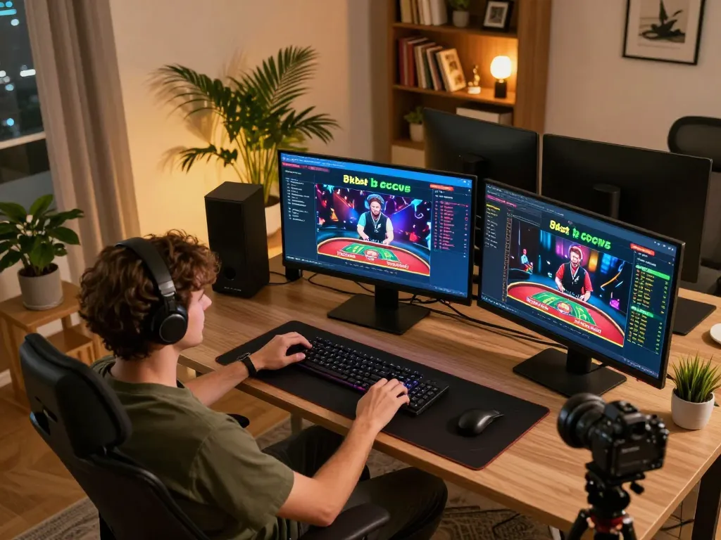 Engaged player placing bets on 8xbet during a live dealer game in a cozy home setting