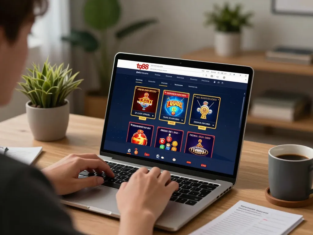 Engaging with tg88 platform for online betting, showcasing casino games in a cozy home setup