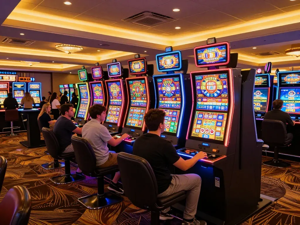 Players engaging with vibrant link slot machines in a bustling casino atmosphere.