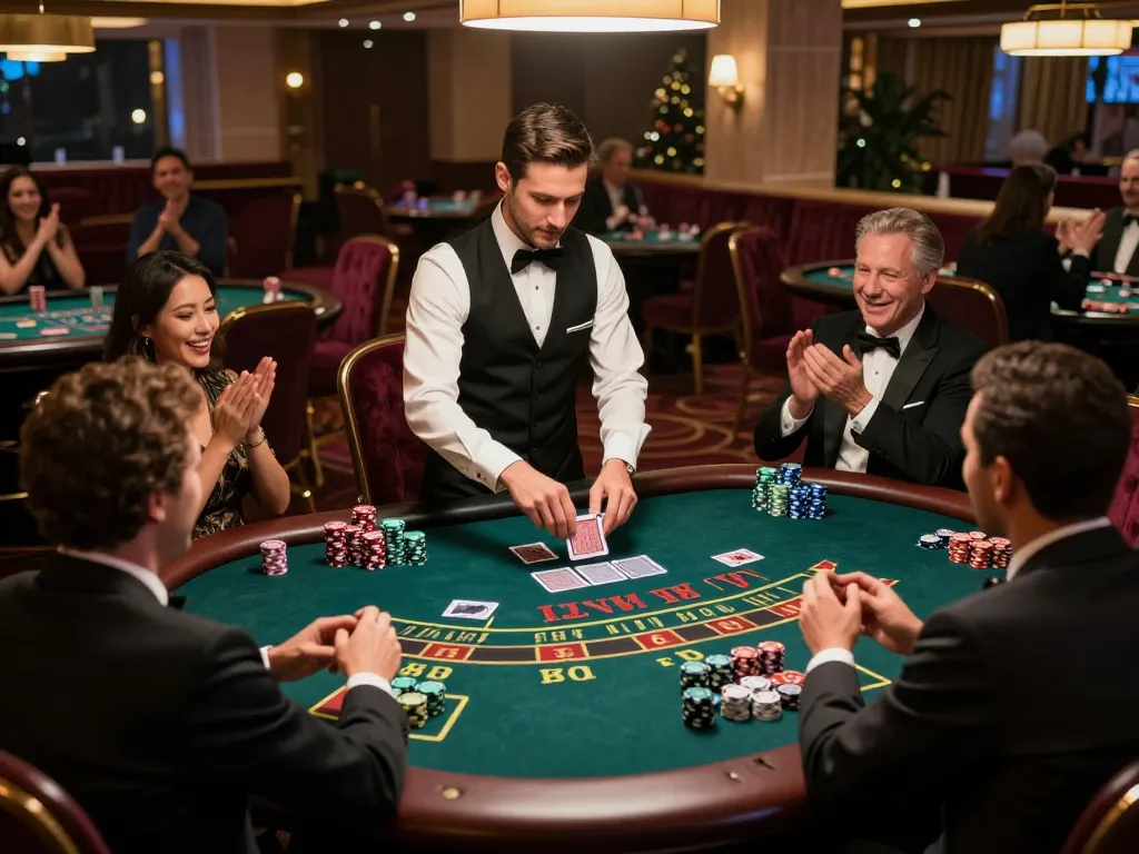 vin88 players engaging in an intense blackjack game at a luxury casino table, with dealer distributing cards and chips in focus.