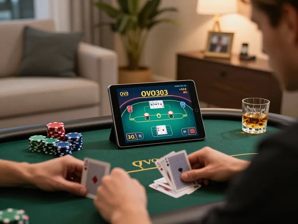 Pemain yang terlibat sedang merumuskan strategi dalam permainan poker online OVO303 dari rumah dengan suasana yang nyaman