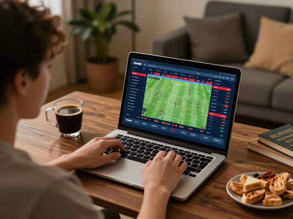 Engaged player navigating the 888newcasino online sports betting interface at home.