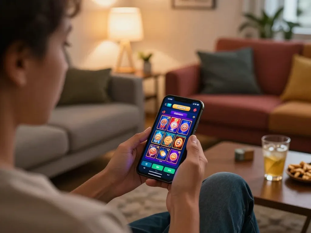 Engage in online gaming with tv88 bet đăng nhập on a smartphone app in a cozy living room.