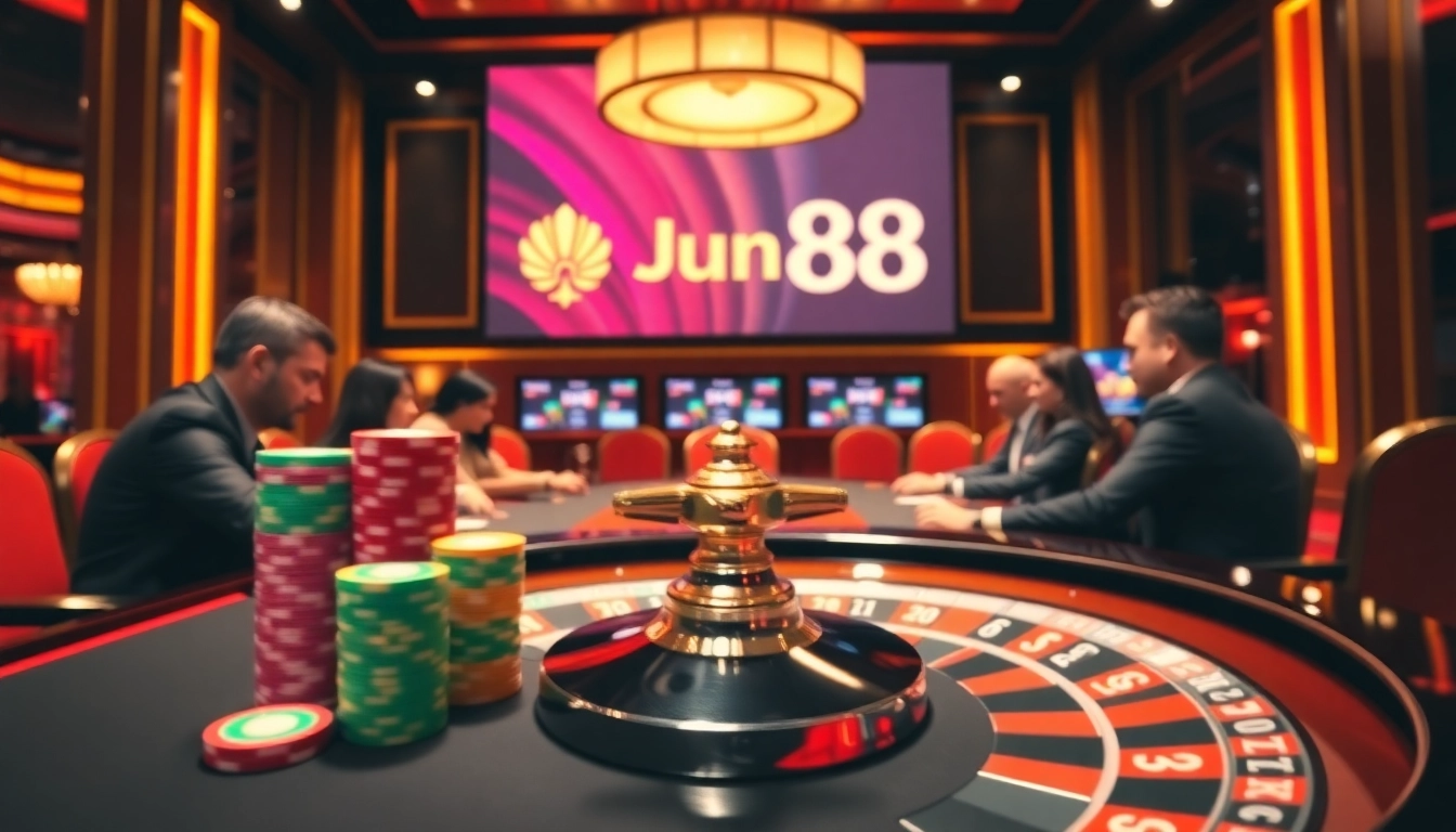 Experience high-stakes poker at Jun88 with vibrant chips and an exciting casino atmosphere.