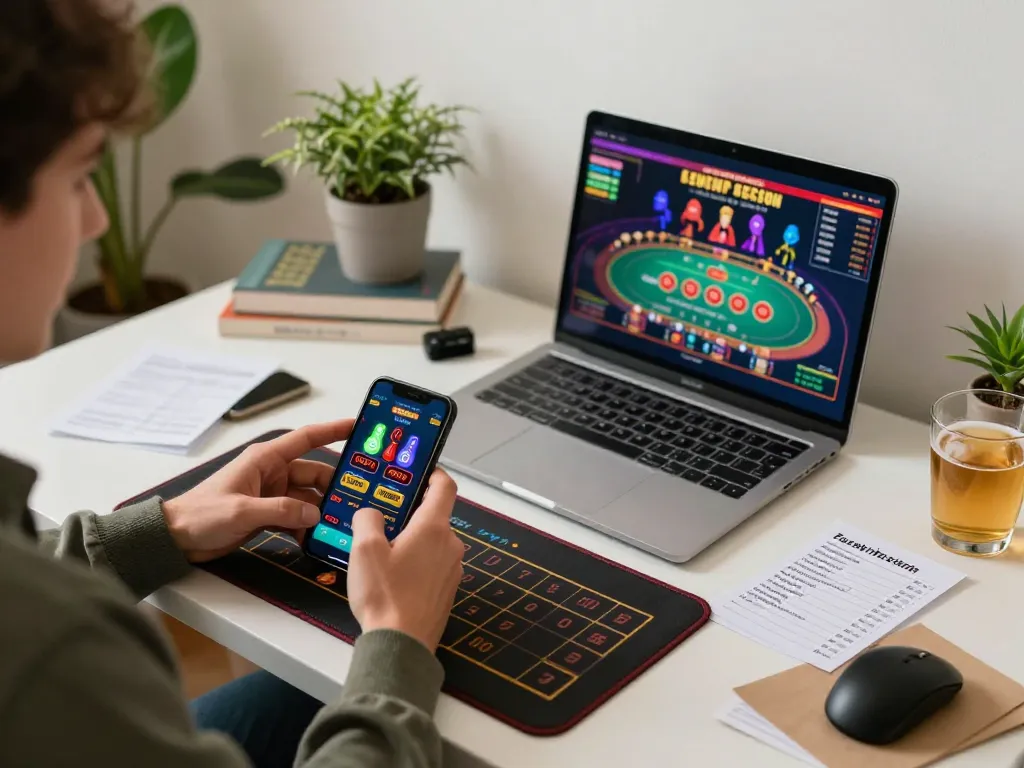 Person playing casino games on smartphone, enjoying a strategic moment with okking app in cozy home setting.