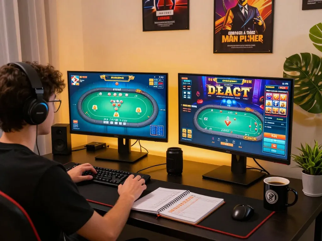 Engaging in game bài đổi thưởng on a modern gaming setup with poker and slots displayed.