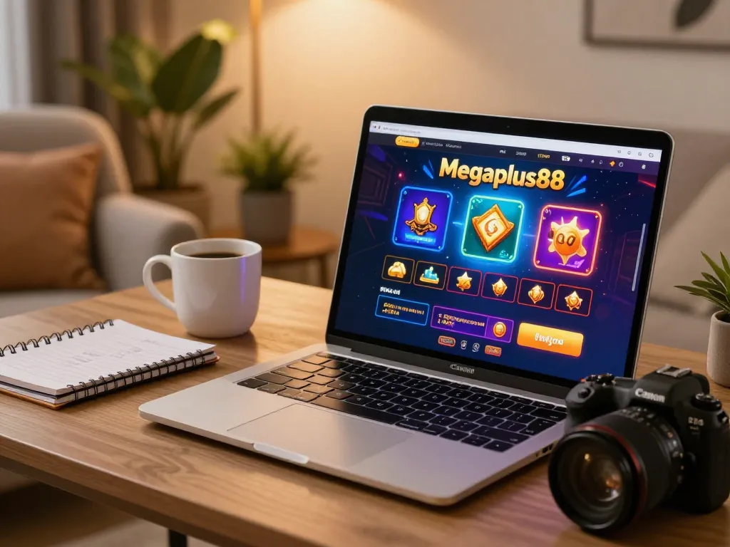 Engaging gameplay on Megaplus88 showcased on a laptop with vibrant casino graphics.