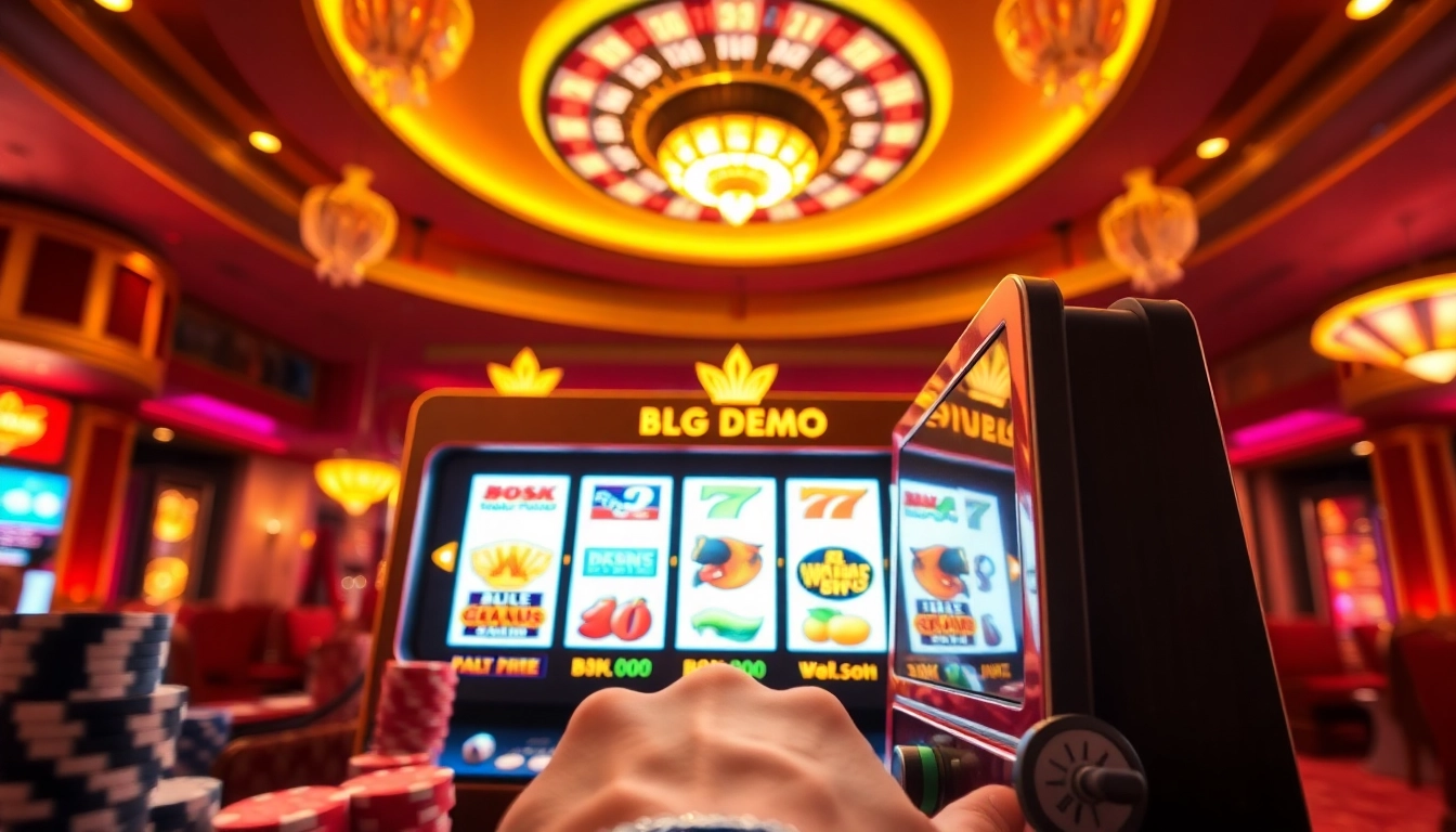 Experience slot demo excitement with a player engaging at a vibrant casino machine.