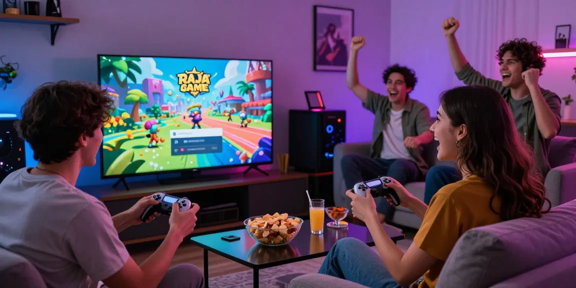 Raja Game login scene with friends enjoying an engaging gaming session on a couch in a lively living room.