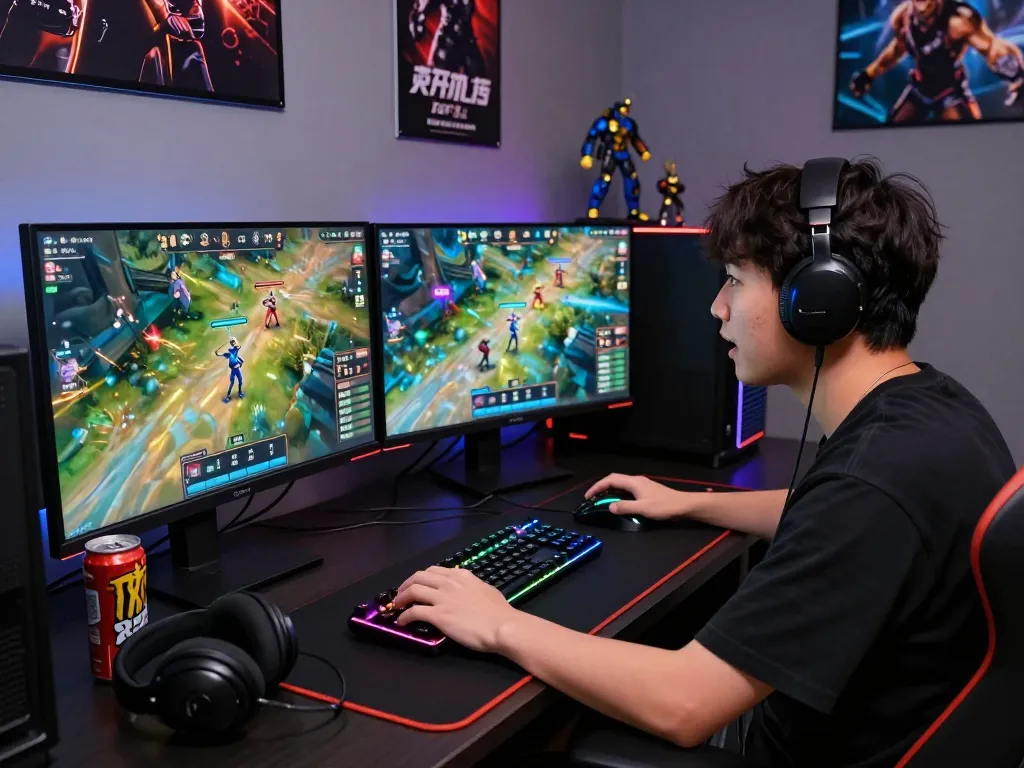 Intense gaming session at a personalized setup featuring action from https://rr99.it.com/ with dual monitors and immersive atmosphere.