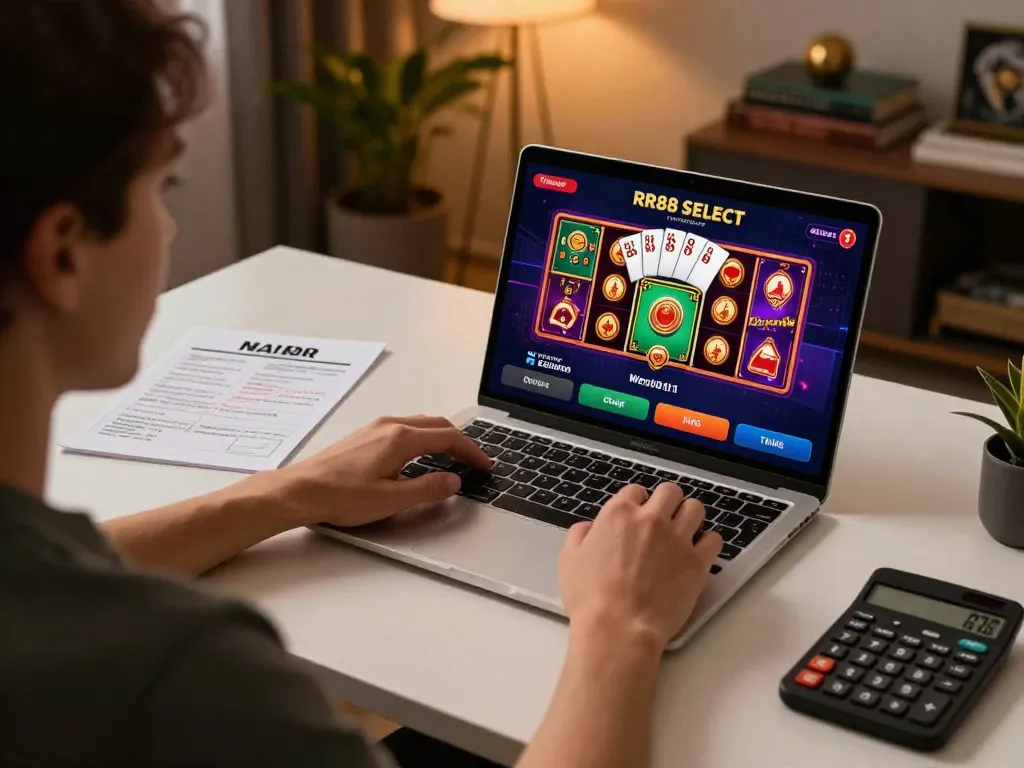 Engaging with RR88 SELECT online casino app on a laptop, showcasing a strategic gaming atmosphere.