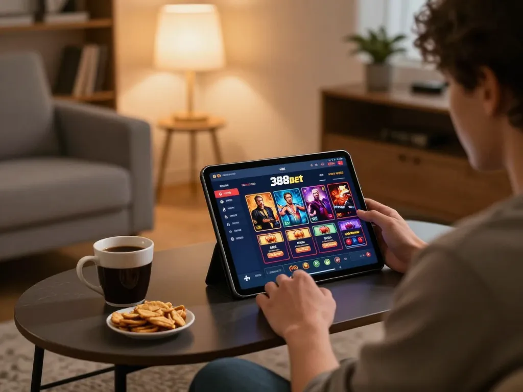 Engaging in gameplay on 388bet with a tablet in a cozy home environment, showcasing responsible gambling.