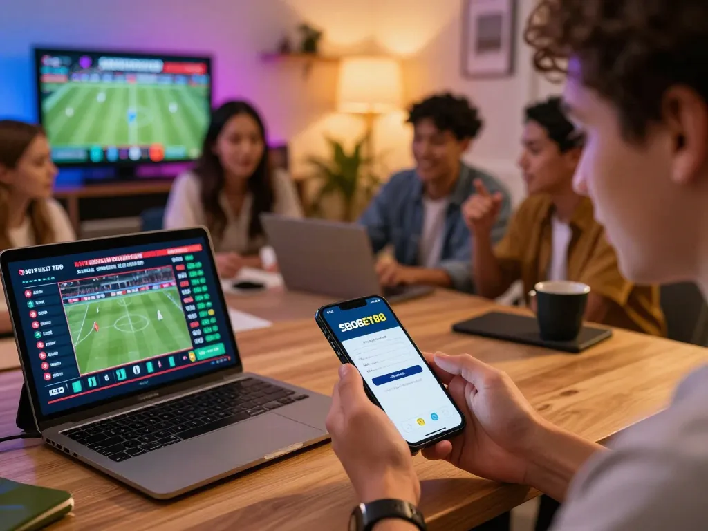 SBOBET88 login screen displayed on smartphone during exciting sports betting with friends.
