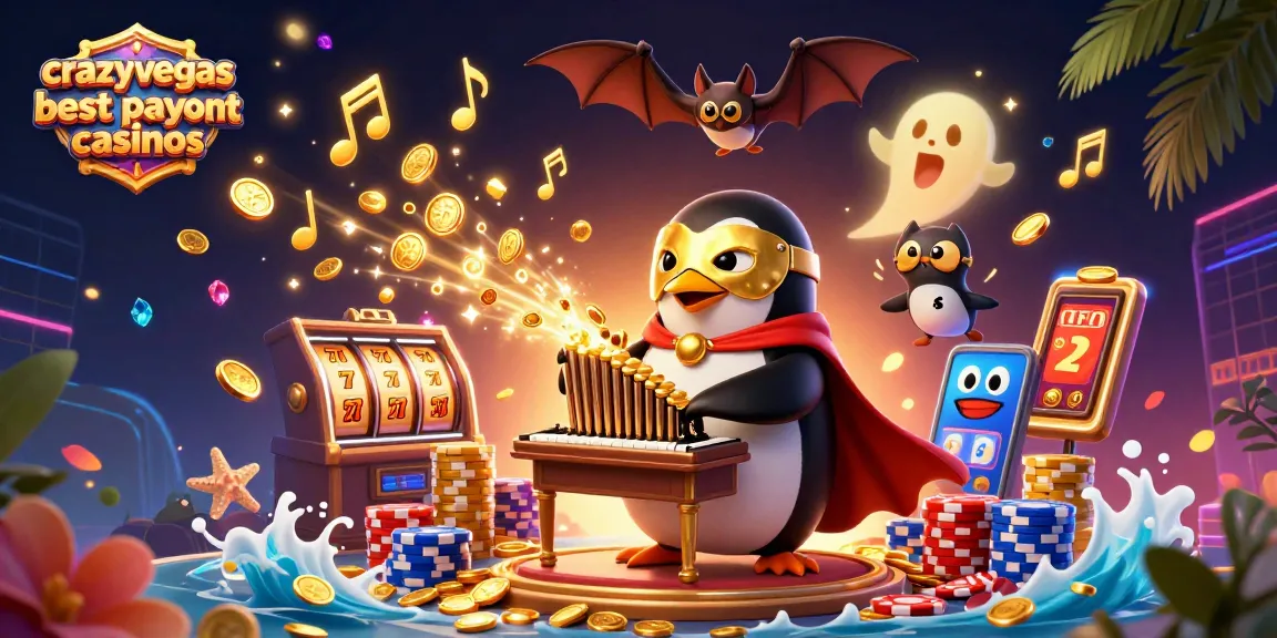 A dynamic scene showcasing crazyvegas best payout casinos, with a penguin playing a pipe organ that ejects golden coins amidst slot machine reels.