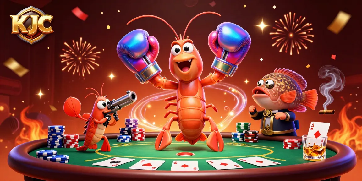 KJC showcases a vibrant casino scene with animated characters, poker elements, and a celebratory atmosphere.