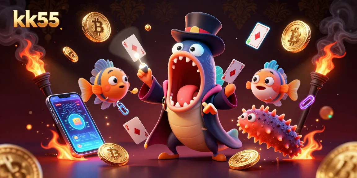 Experience the thrill of kk55 with vibrant 3D casino characters showcasing magical card tricks and crypto elements.