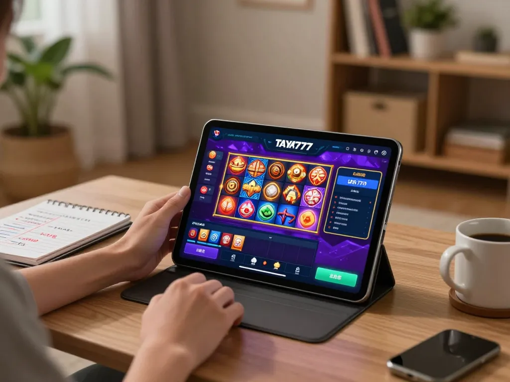TAYA777 app displayed on tablet for a seamless online gambling experience at home
