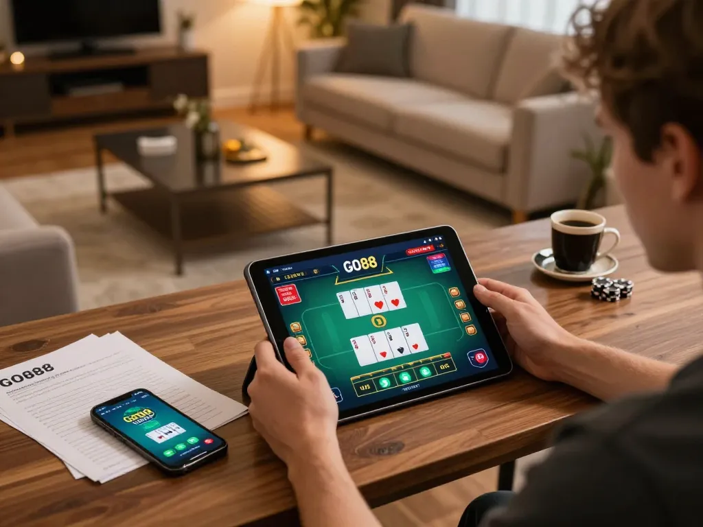 Player engaged in GO88 online poker game on tablet in stylish living room