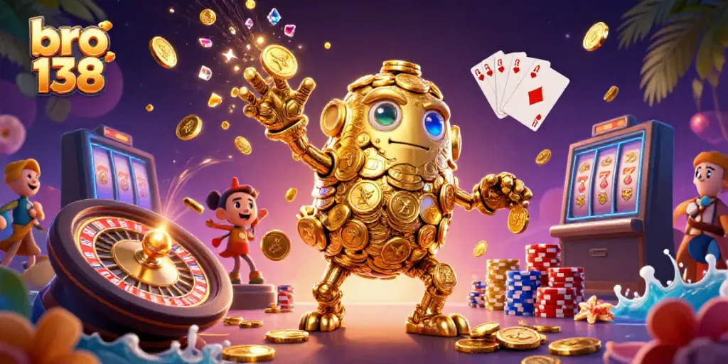 Experience the dynamic world of bro 138 with a vibrant 3D golem made of golden coins and casino elements.