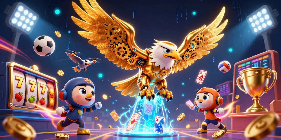 Menghadirkan raja slot dengan karakter 3D elang emas cybernetik dikelilingi elemen kasino yang dinamis.