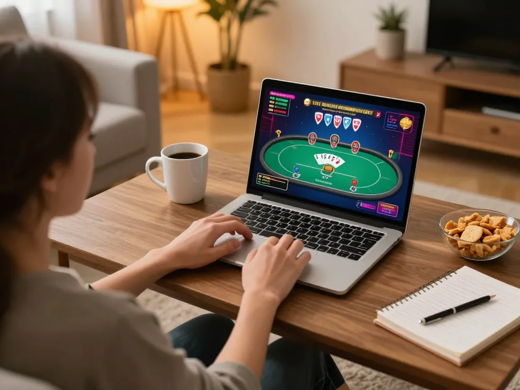 Engaging in online gaming at hi88, showcasing a cozy setup with poker action displayed