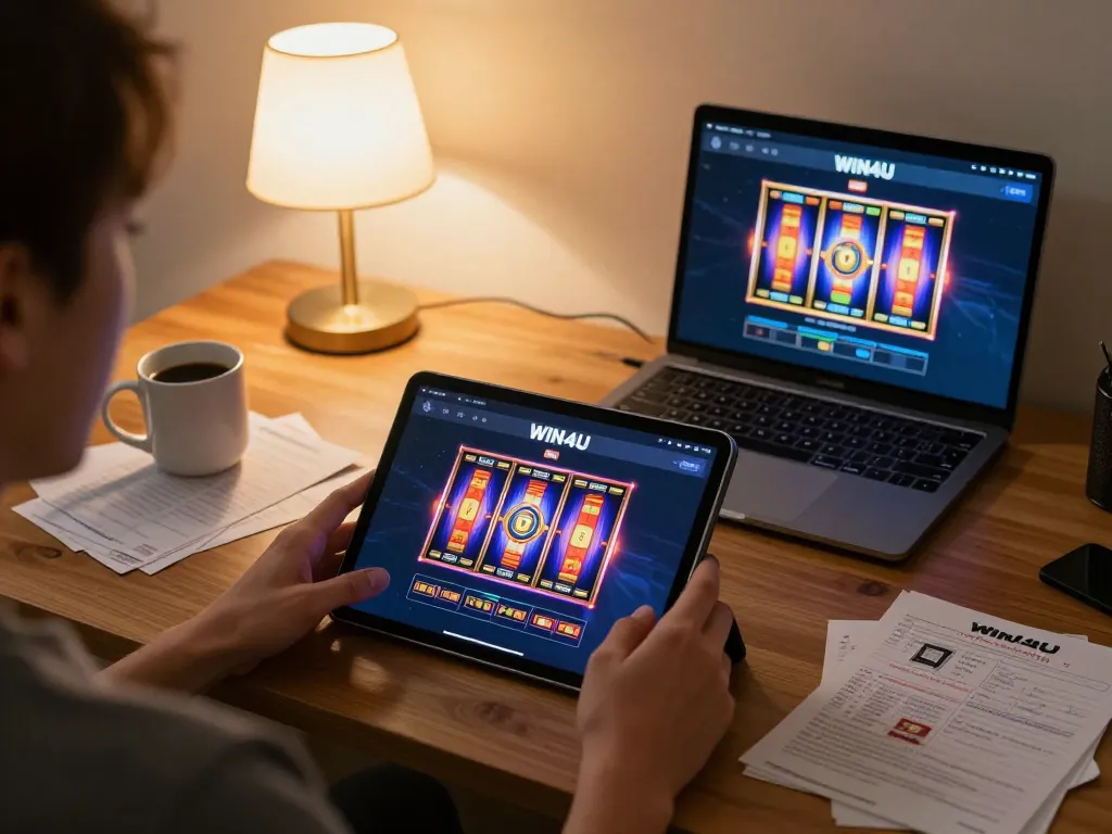 Player spins a slot machine on the WIN4U app during a cozy home gaming session.